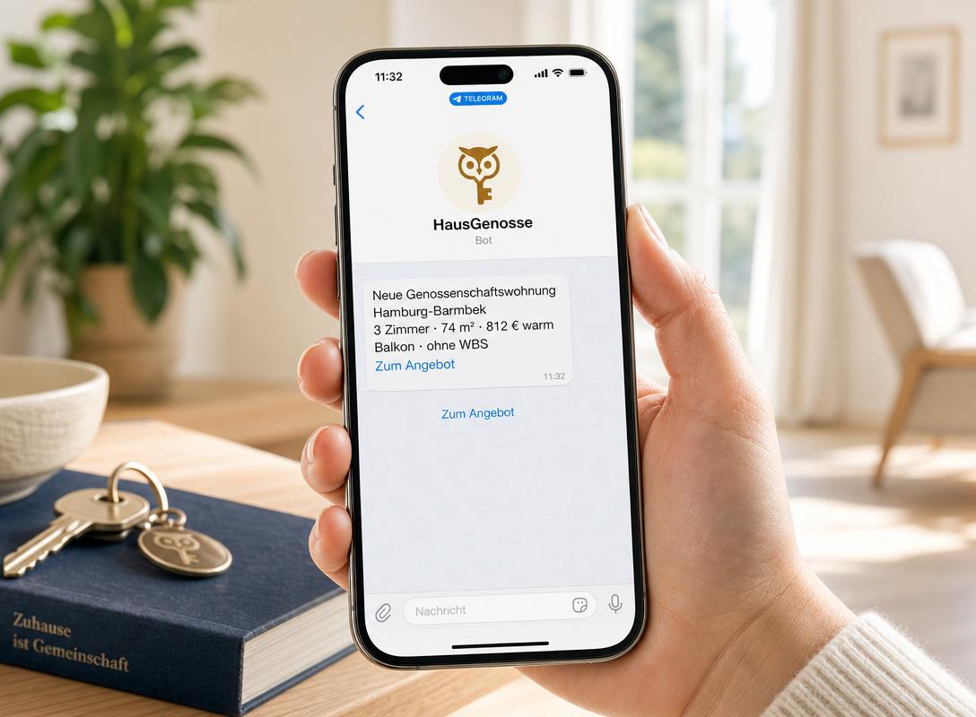 Smartphone zeigt eine HausGenosse-Push in Telegram über eine neue Genossenschaftswohnung